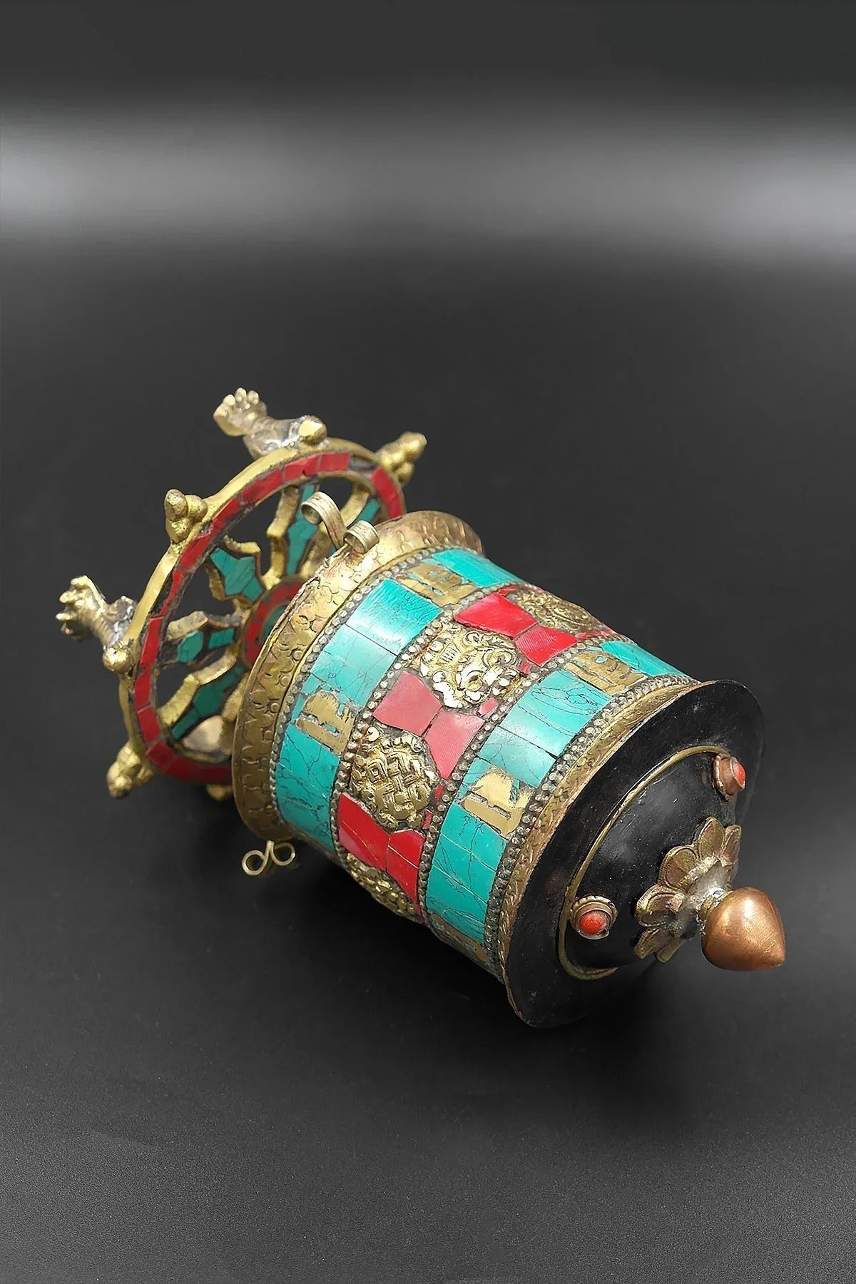 Two Lines Mantra inlaid table top Prayer Wheels with Dharma chakra base - Vajracrafts