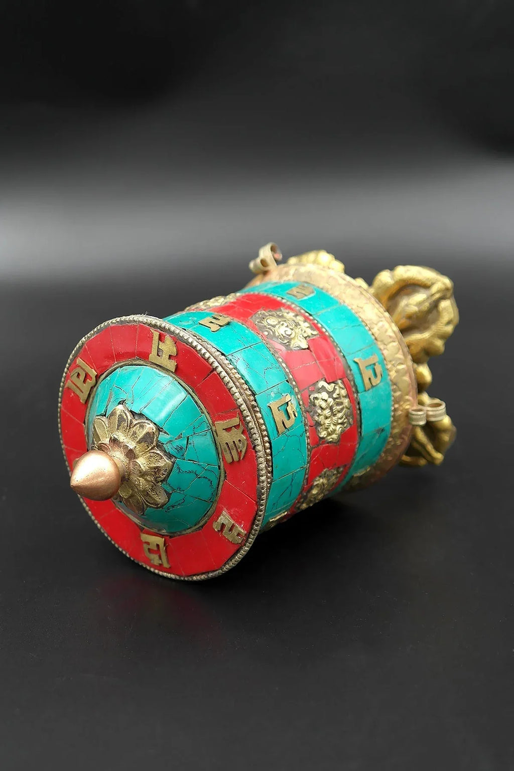 Coral and Turquoise inlaid eight Auspicious signs in Prayer Wheel, 6" - Vajracrafts