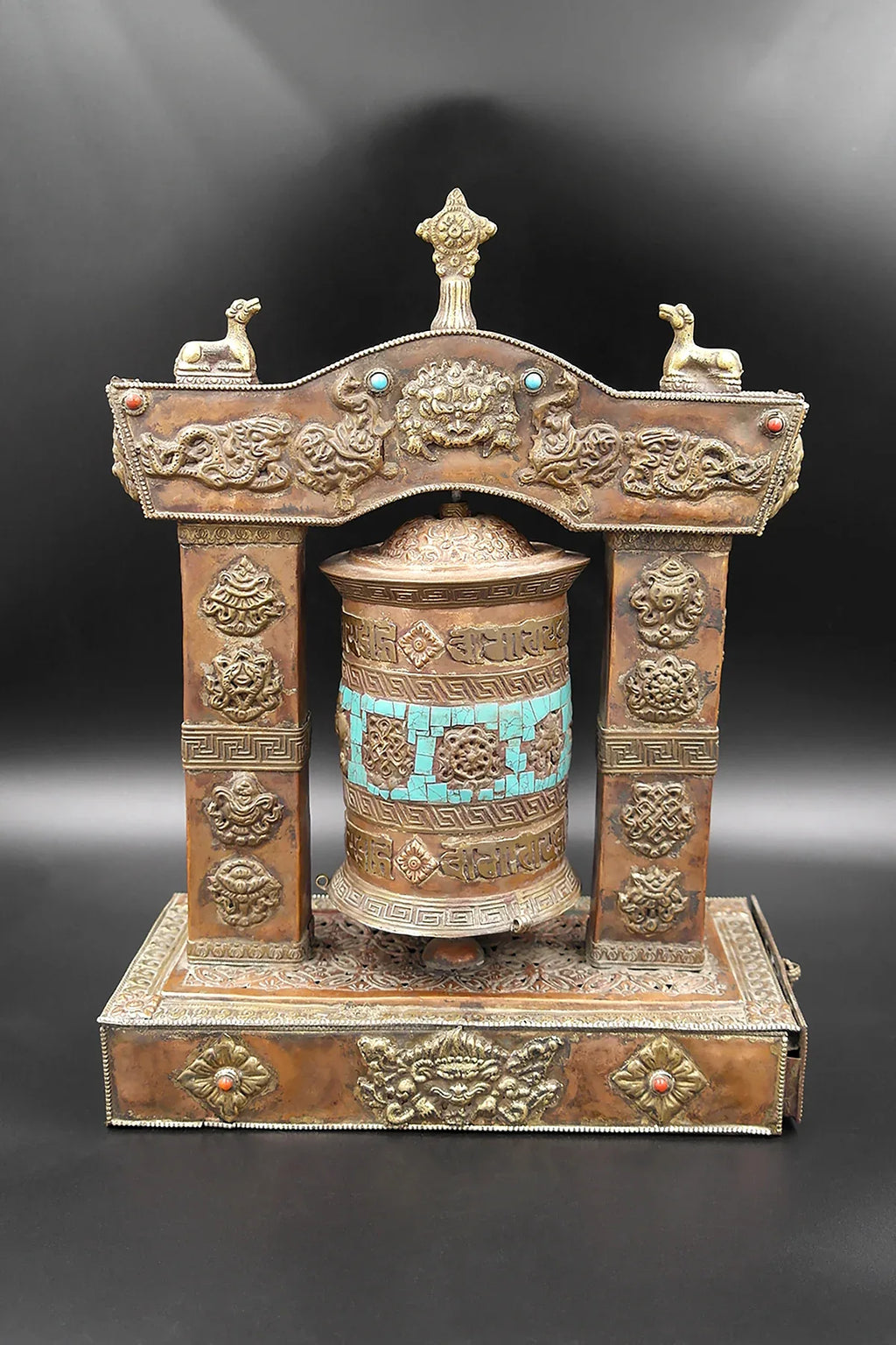 Turquoise inlaid eight auspicious symbol embossed Potala Design Prayer wheel - Vajracrafts