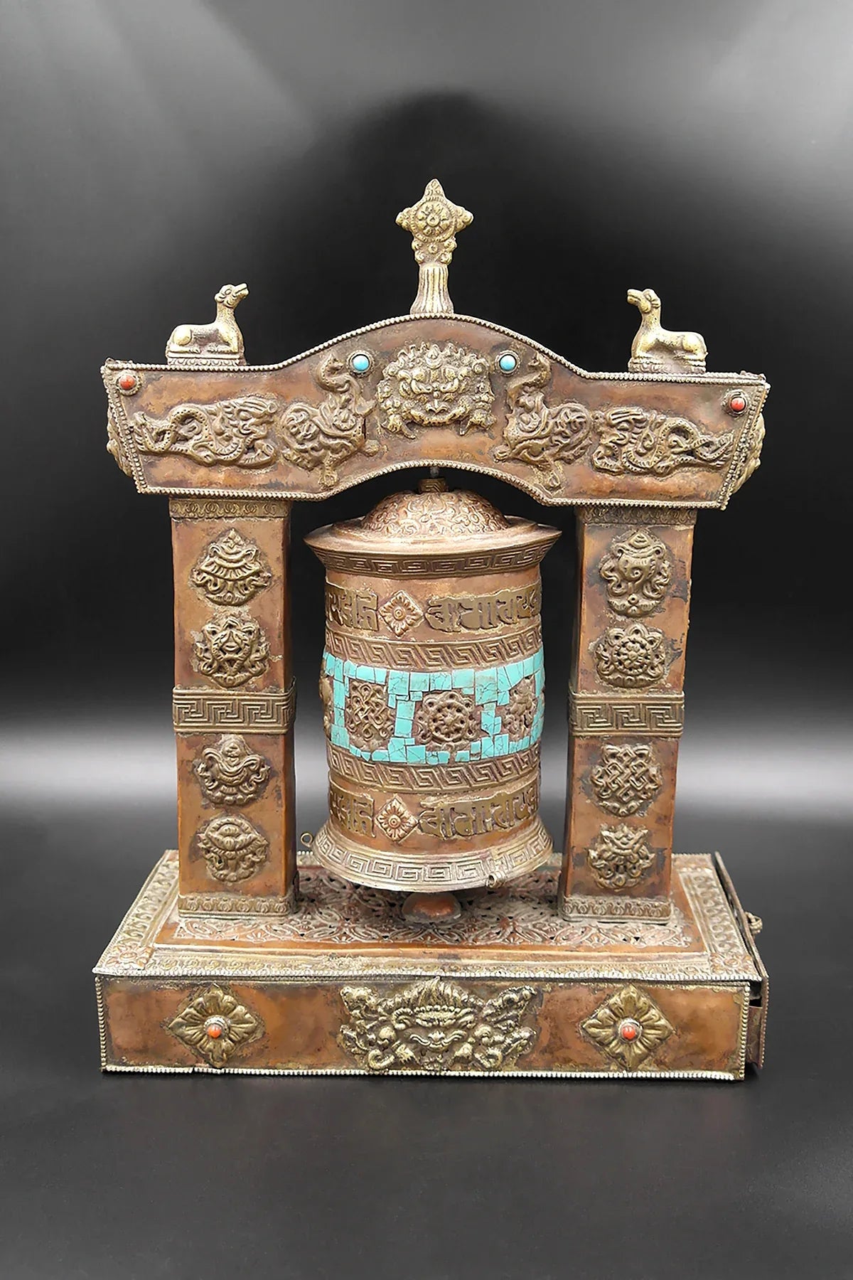 Turquoise inlaid eight auspicious symbol embossed Potala Design Prayer wheel - Vajracrafts