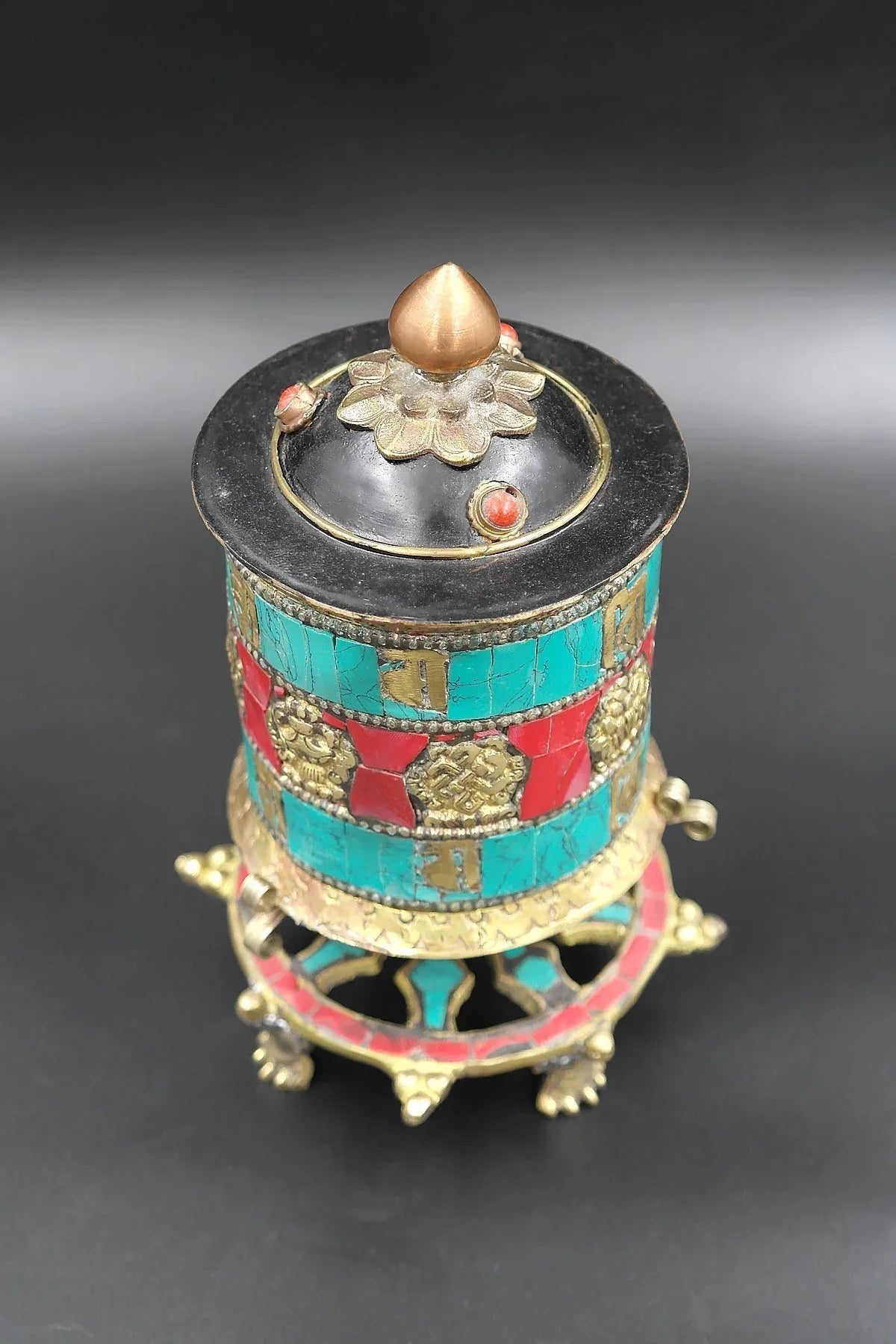 Two Lines Mantra inlaid table top Prayer Wheels with Dharma chakra base - Vajracrafts