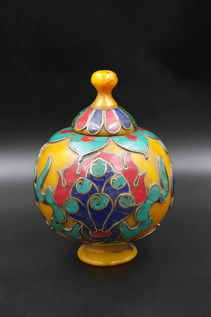 Old Tibetan Amber Multicolor Gem Stones Inlaid rice bowl Gulpa with cover - Vajracrafts