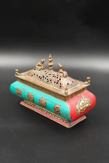 Temple Shaped Tibetan Buddhist Artistic Incense Burner with Round shape stone inlays - Vajracrafts
