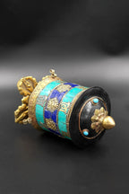 Ashtamangala Spinning Prayer Wheel with Stone Work, 6" - Vajracrafts