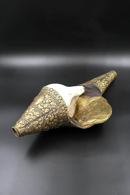 Auspicious Symbol Dharma Chakra with brass metal Conch Sculptured Shell - Vajracrafts