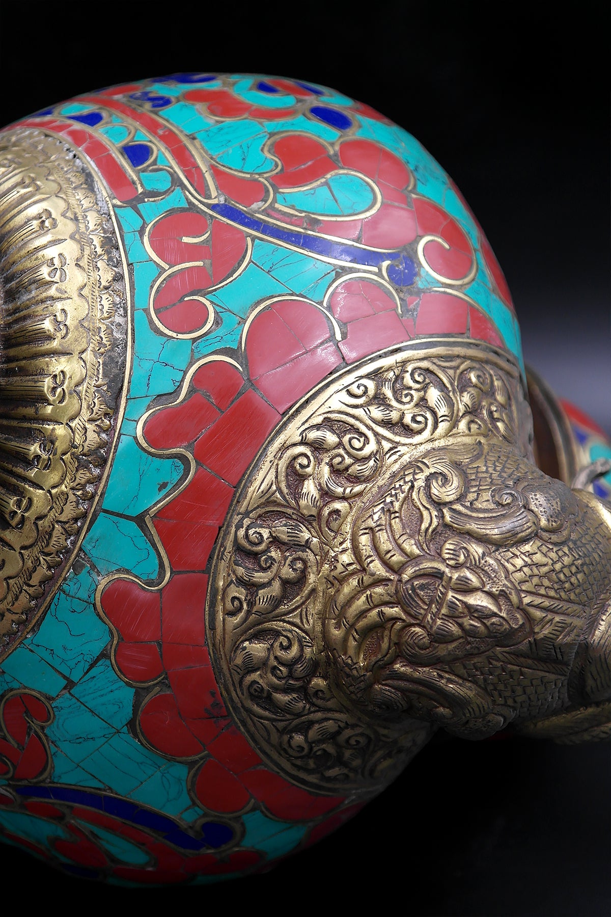 Ancient Tibetan Religious Teapot with Dragon handle Coral and Lapis Stone Art Deco