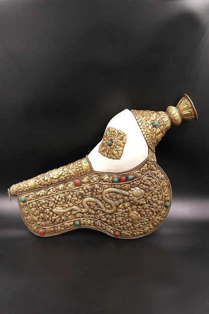 Tibetan Seashell with Dragon Engraved brass in Conch Shell Trumpet - Vajracrafts