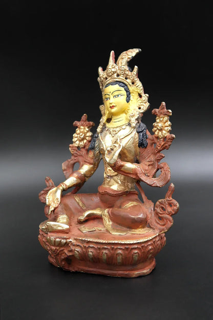 Partial Gold Plated Green Tara Statue, 6" - Vajracrafts