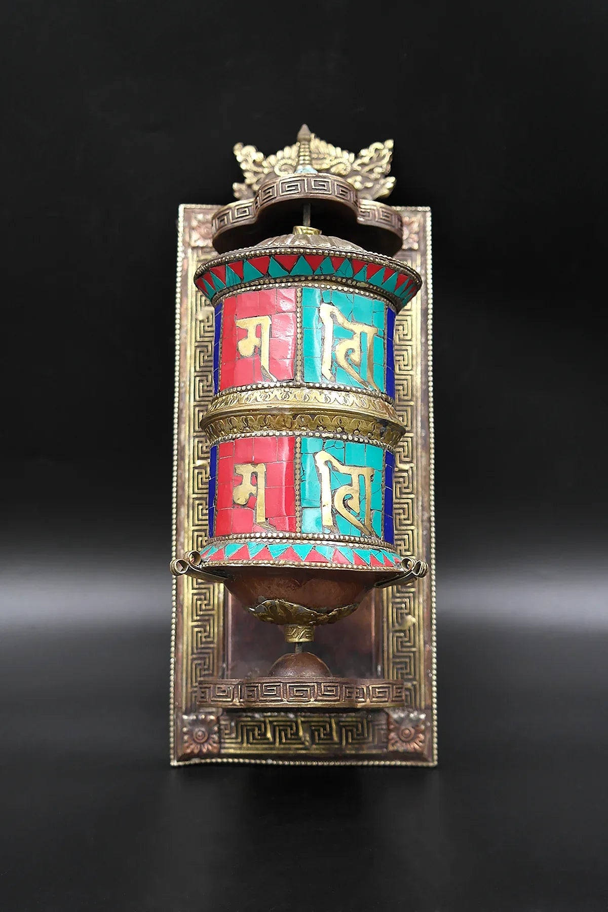 Om mane peme hum mantra inlaid with Gemstone wall mount Prayer Wheel - Vajracrafts