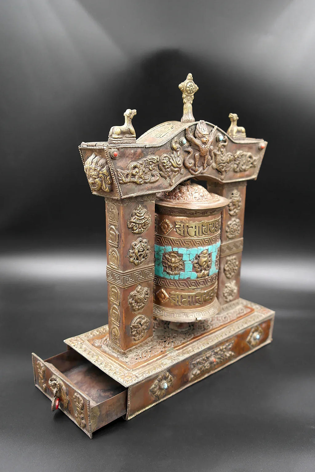 Turquoise inlaid eight auspicious symbol embossed Potala Design Prayer wheel - Vajracrafts