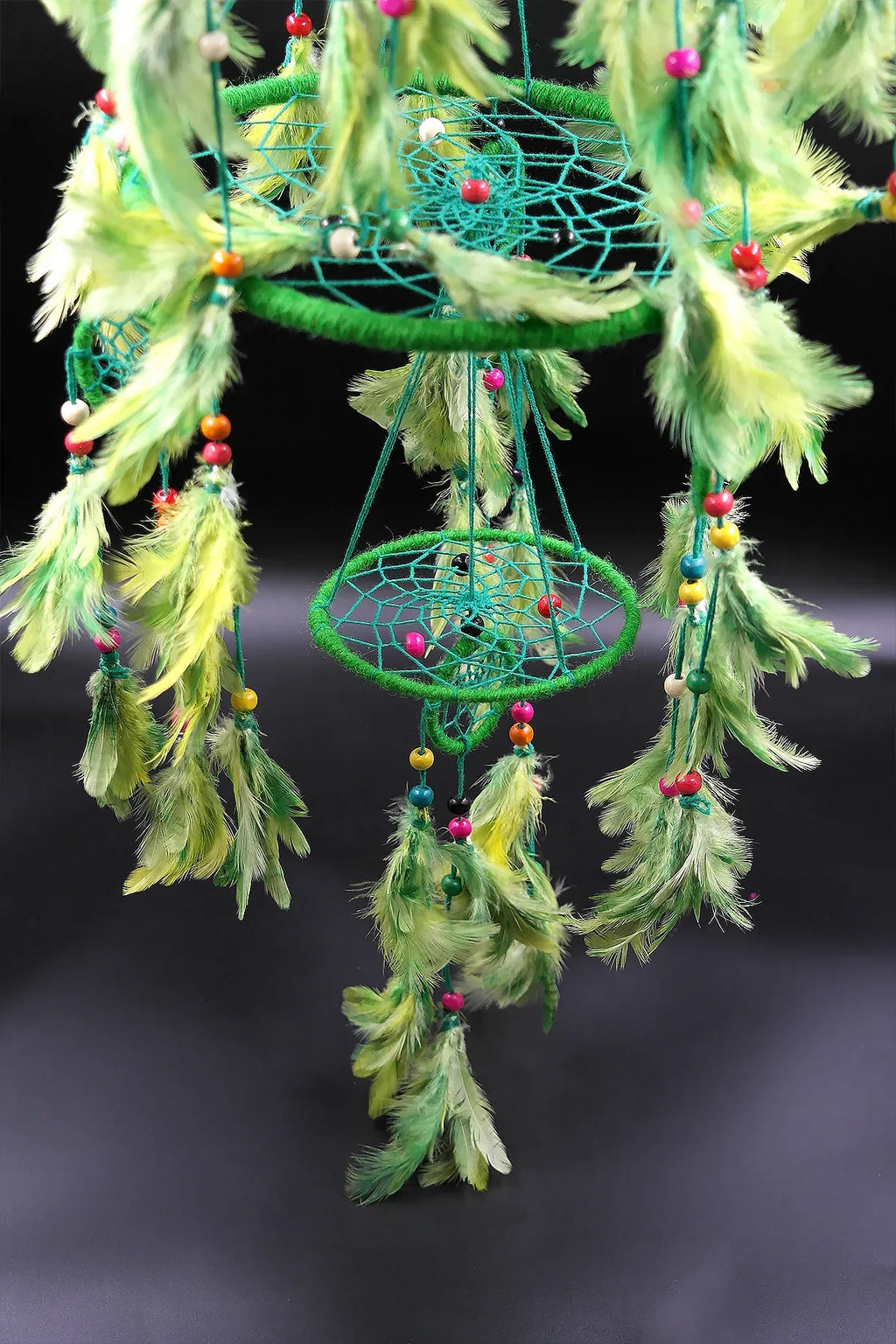 3 tier Dream Catcher Wall Hanging in Green, Handmade Ornament Feather - Vajracrafts