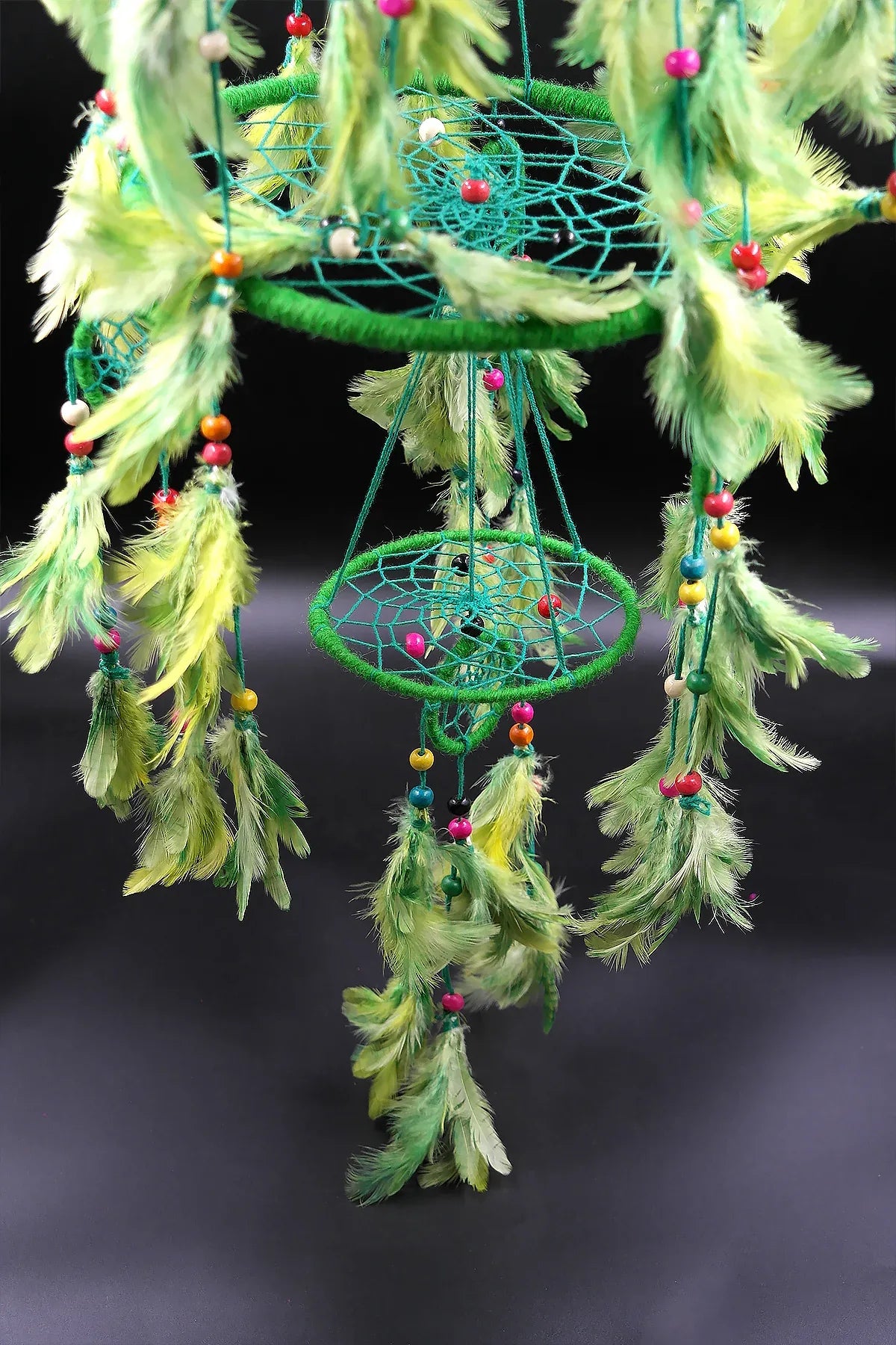 3 tier Dream Catcher Wall Hanging in Green, Handmade Ornament Feather - Vajracrafts
