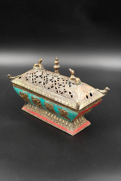 Turquoise Inlaid Tibetan Deer & Lucky 8-Signs Incense Burner - Vajracrafts