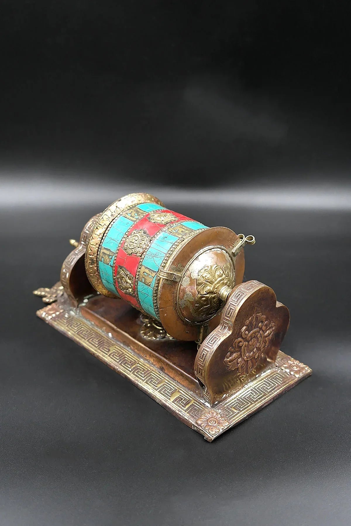 Eight Auspicious symbols and Gemstone inlaid Wall mounted Prayer wheel - Vajracrafts