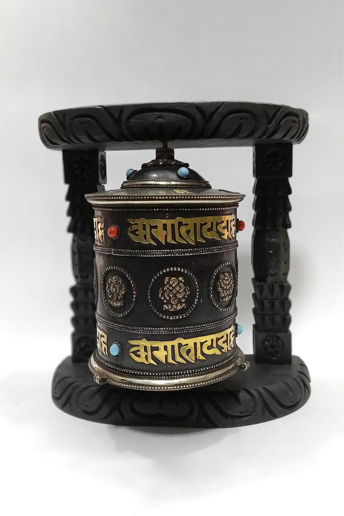 Tibetan Copper 8 Auspicious symbols Wall Hanging Prayer Wheel in woode | Vajracrafts