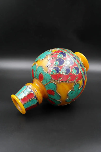 Old Tibet Buddhism turquoise inlay flame designs Amber Vase, offering of flowers - Vajracrafts