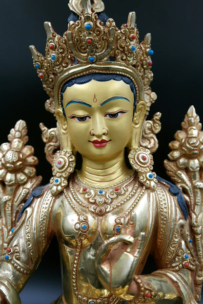 Elegant Hand carved Tibetan Green Tara Statue, 13" - Vajracrafts