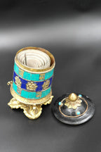 Ashtamangala Spinning Prayer Wheel with Stone Work, 6" - Vajracrafts