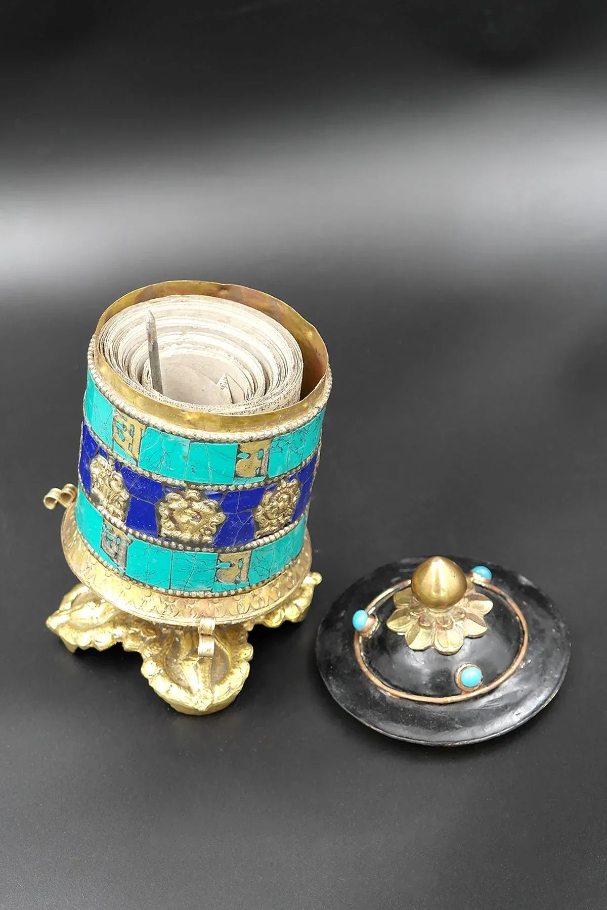 Ashtamangala Spinning Prayer Wheel with Stone Work, 6" - Vajracrafts