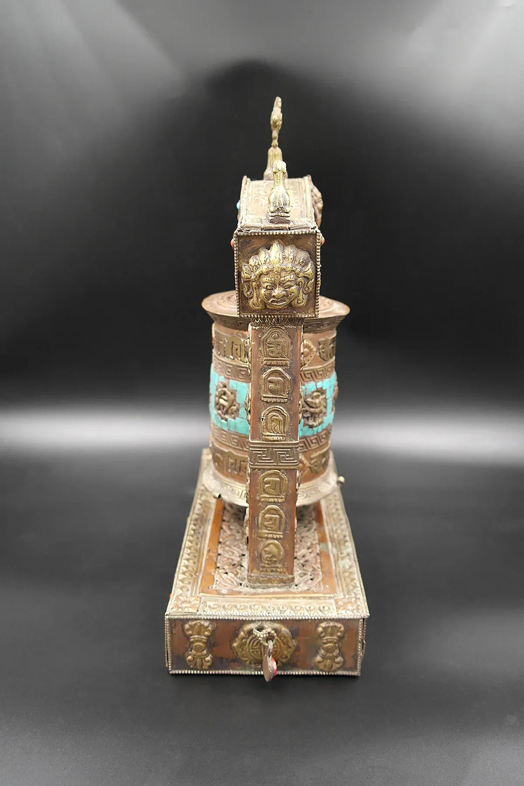 Turquoise inlaid eight auspicious symbol embossed Potala Design Prayer wheel - Vajracrafts