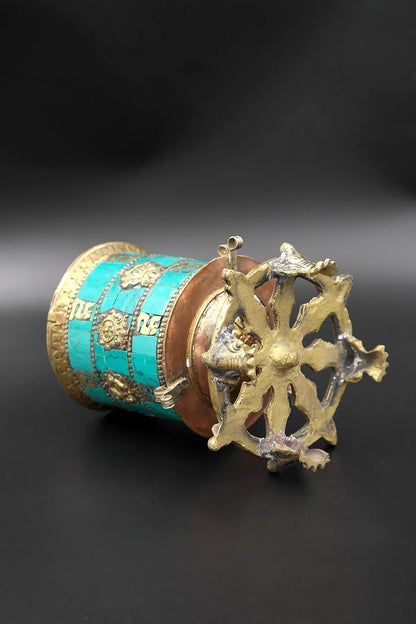 Eight Auspicious signs in Turquoise inlays desktop Prayer Wheel, 6" - Vajracrafts