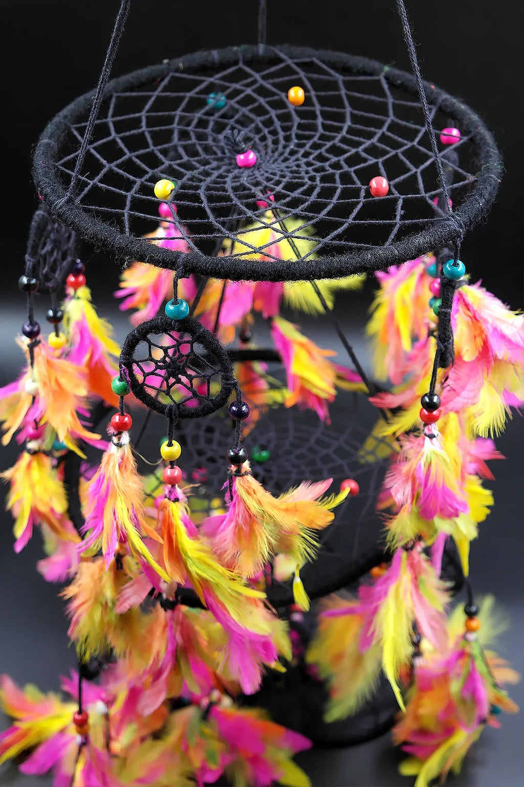 3 tier Dream Catcher Wall Hanging in Black, Feather Hanging Dreamcatcher - Vajracrafts