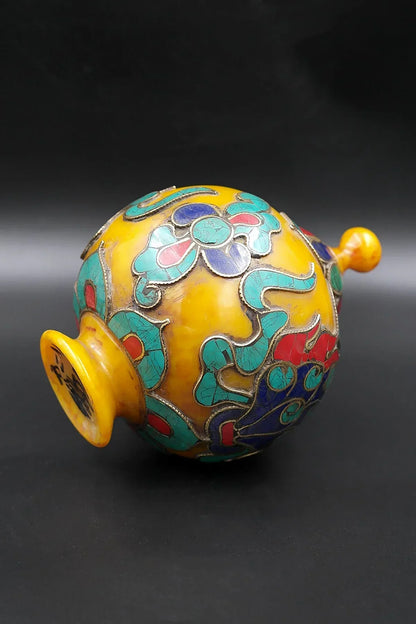 Old Tibetan Amber Multicolor Gem Stones Inlaid rice bowl Gulpa with cover - Vajracrafts