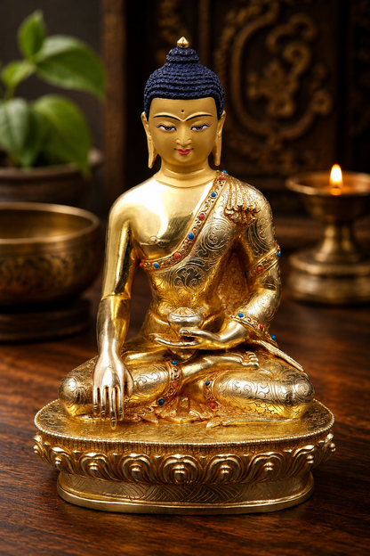 Turquoise and Coral inlaid Shakyamuni Buddha Statue, 8"