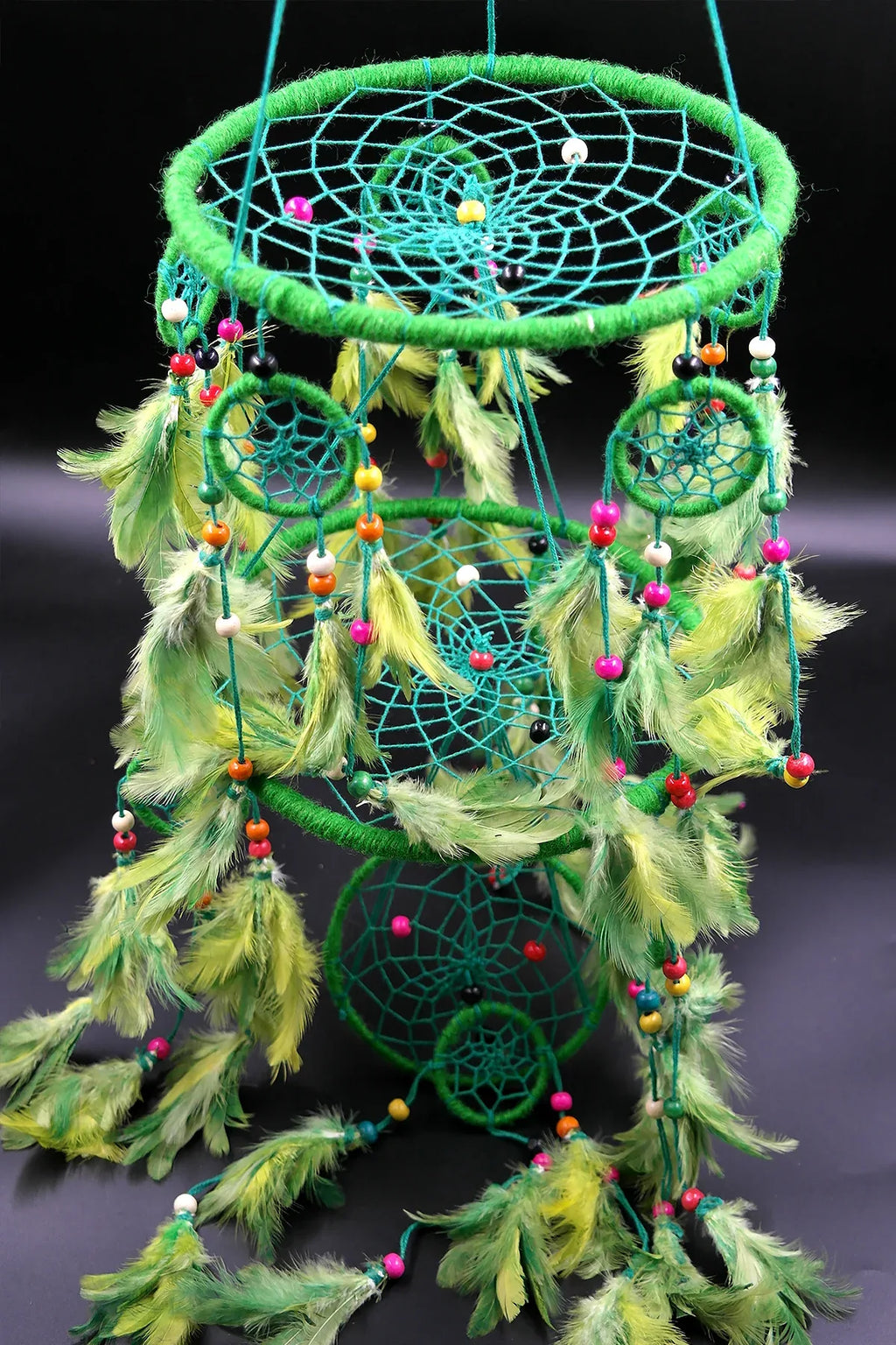 3 tier Dream Catcher Wall Hanging in Green, Handmade Ornament Feather - Vajracrafts