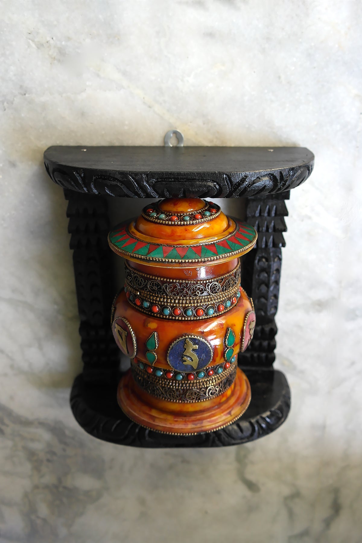 Om Mane peme hum on Gemstone in Prayer Wheel with black frame