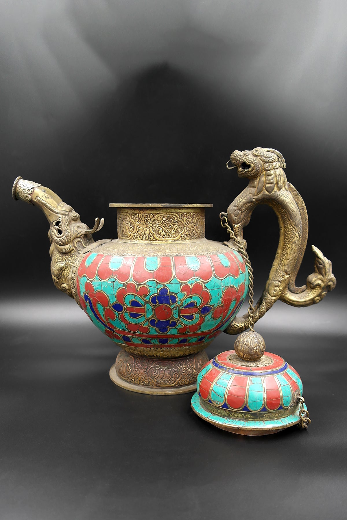 Ancient Tibetan Religious Teapot with Dragon handle Coral and Lapis Stone Art Deco