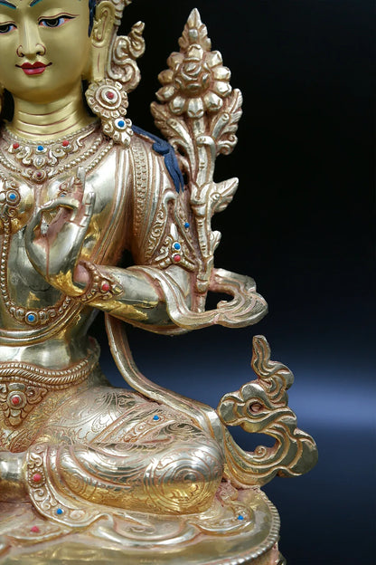 Elegant Hand carved Tibetan Green Tara Statue, 13" - Vajracrafts