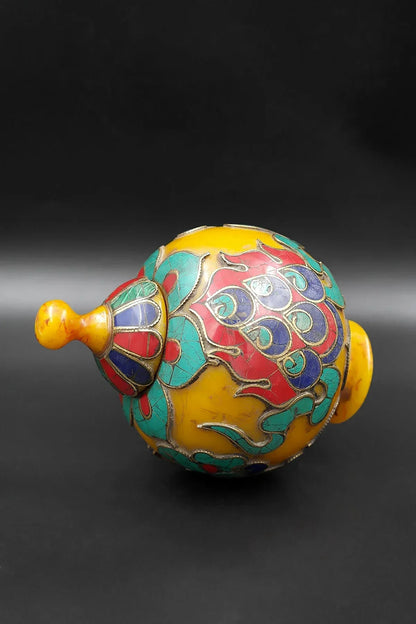 Old Tibetan Amber Multicolor Gem Stones Inlaid rice bowl Gulpa with cover - Vajracrafts