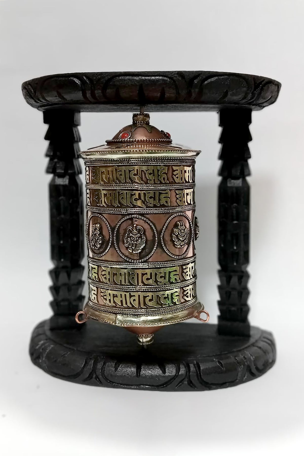 Eight Auspicious Symbols and Om Mane peme hum embossed Prayer Wheel