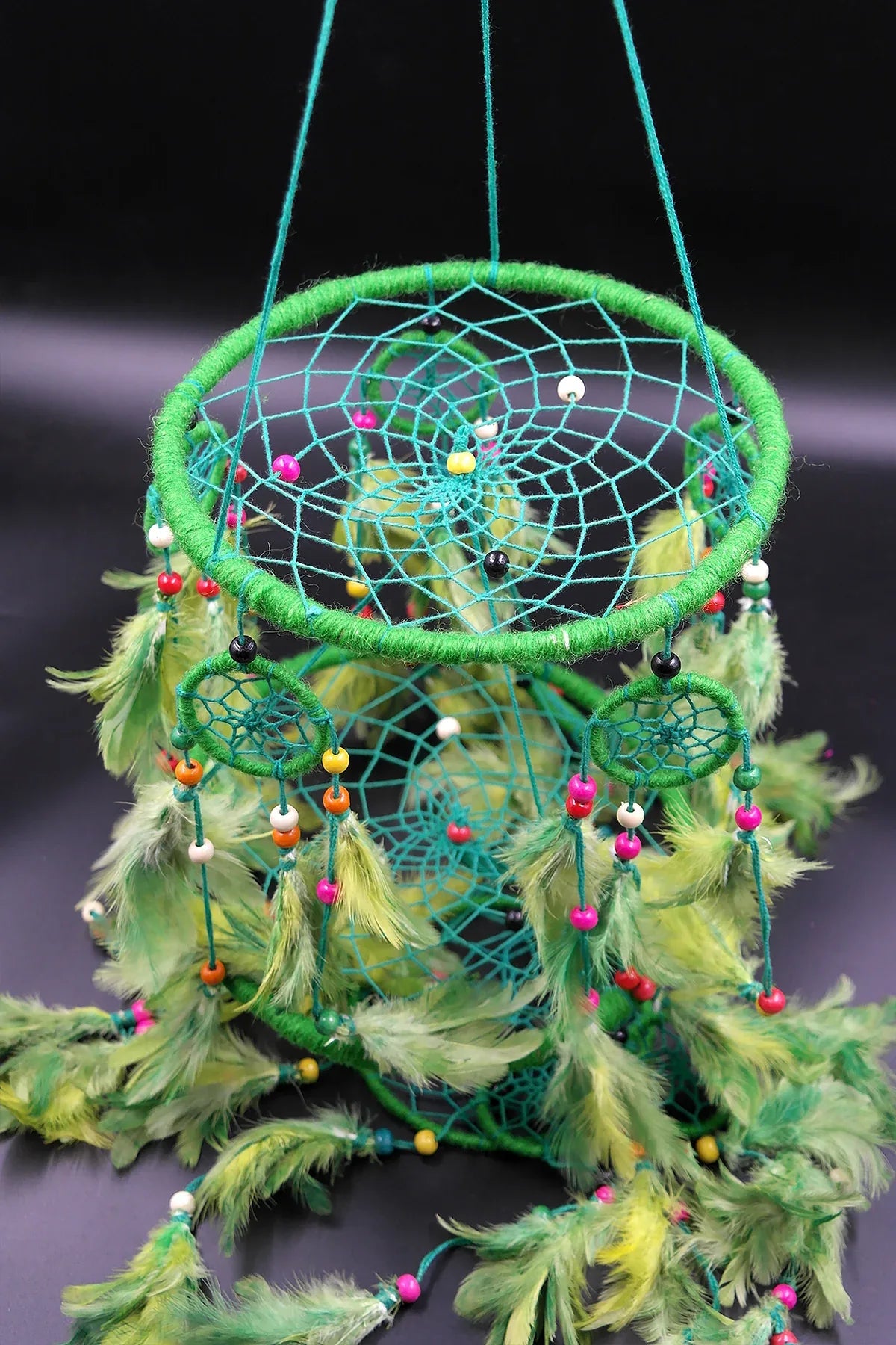 3 tier Dream Catcher Wall Hanging in Green, Handmade Ornament Feather - Vajracrafts