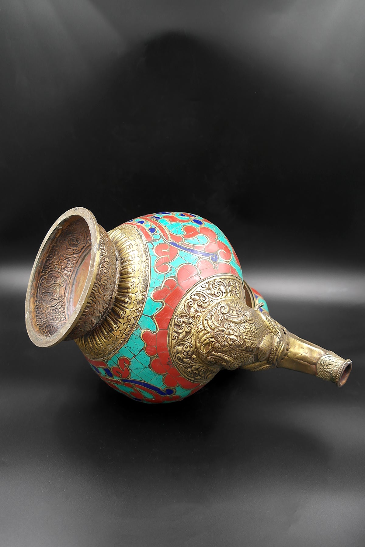 Ancient Tibetan Religious Teapot with Dragon handle Coral and Lapis Stone Art Deco