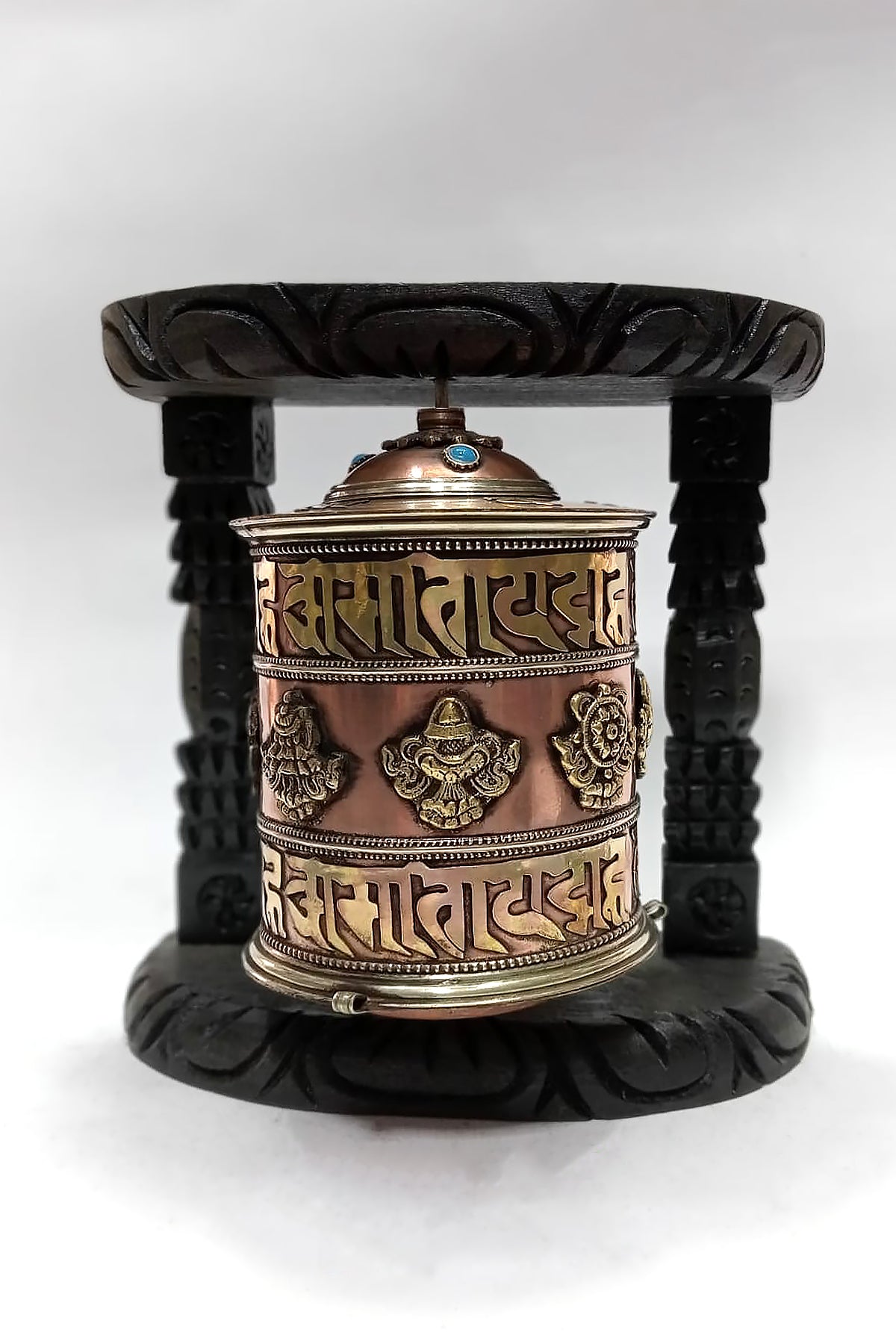 Eight Auspicious Symbol Copper Prayer Wheel in wooden frame | Vajracrafts