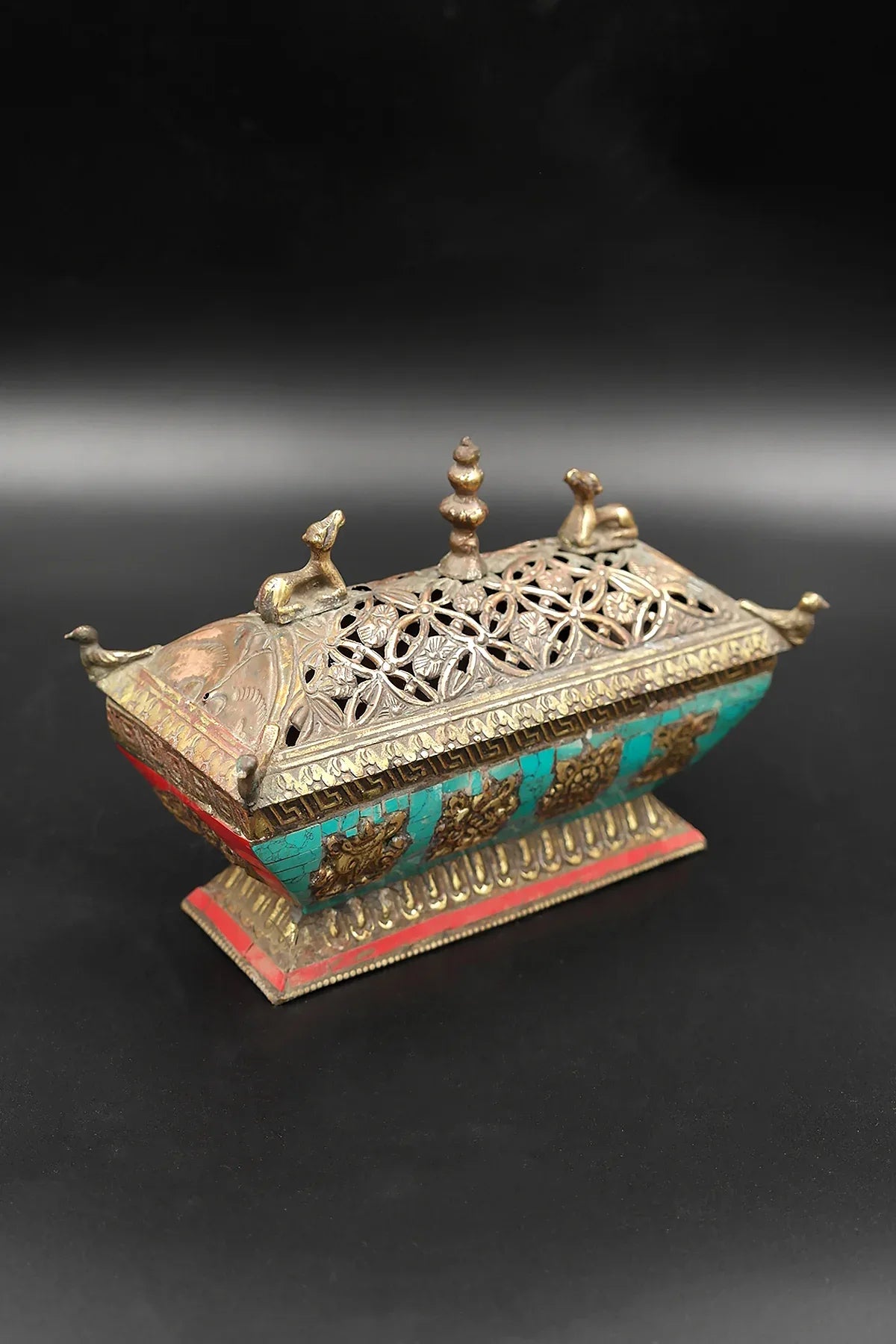 Turquoise Inlaid Tibetan Deer & Lucky 8-Signs Incense Burner - Vajracrafts