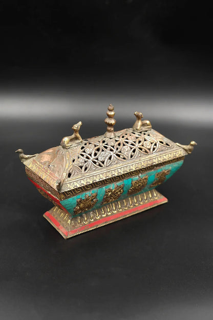 Turquoise Inlaid Tibetan Deer & Lucky 8-Signs Incense Burner - Vajracrafts
