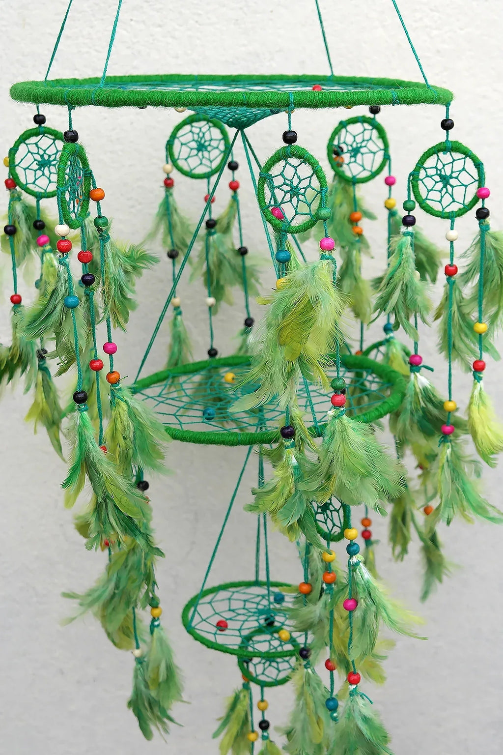 Green Large Handmade Dream Catcher in 3 Tier, home décor - Vajracrafts