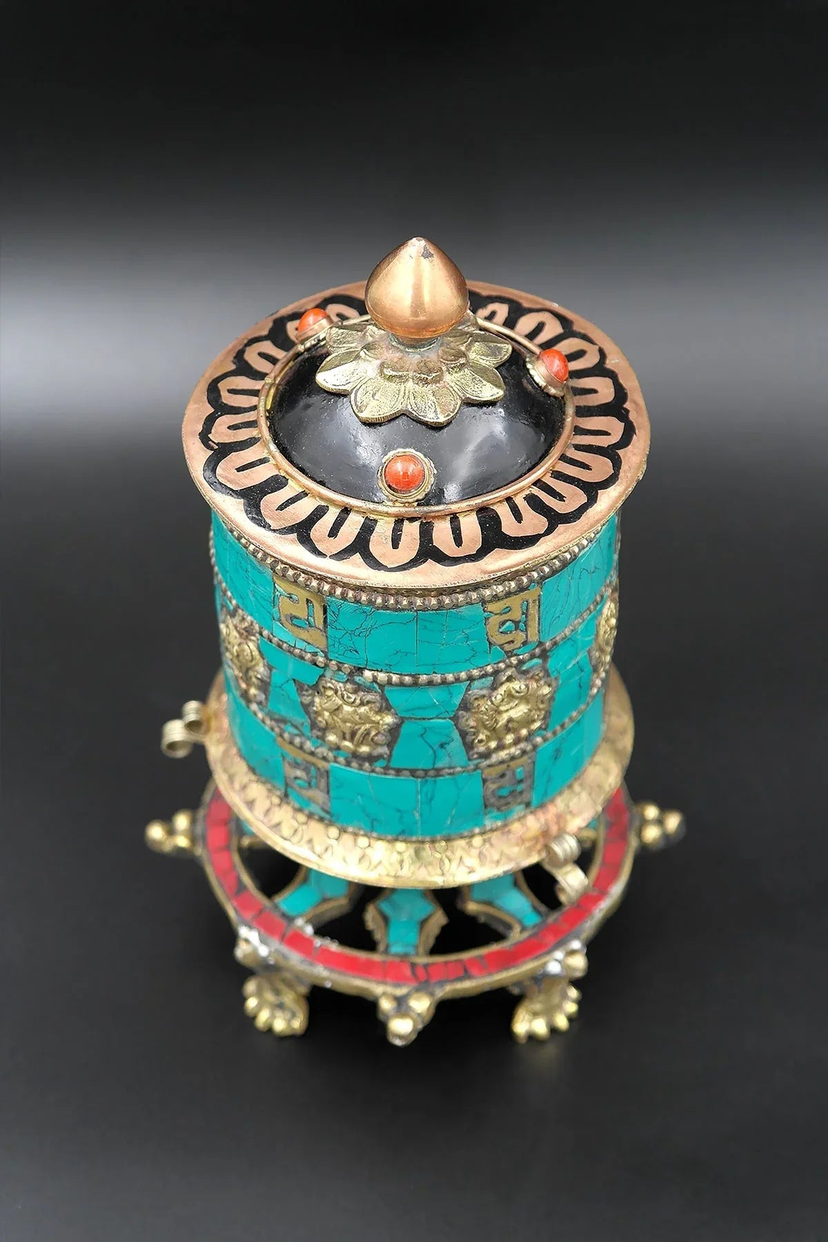 Eight Auspicious signs in Turquoise inlays desktop Prayer Wheel, 6" - Vajracrafts