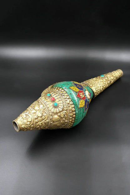 Om mane peme hum inlaid Stone Blowing Conch handcrafted sankha - Vajracrafts