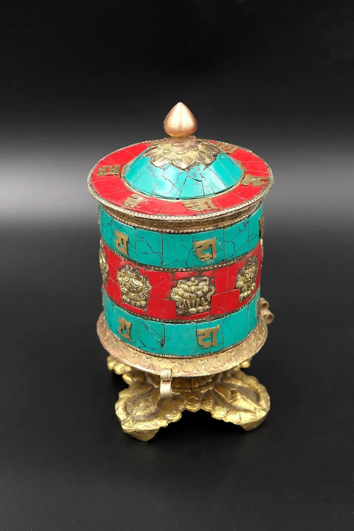 Coral and Turquoise inlaid eight Auspicious signs in Prayer Wheel, 6" - Vajracrafts