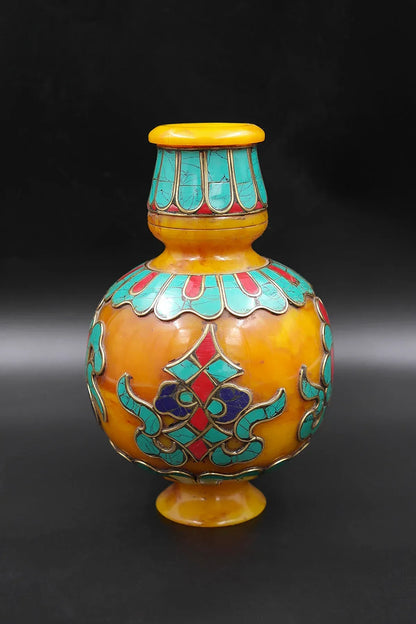 Eight Auspicious symbol Endless knot inlaid Amber Vase with Gemstones - Vajracrafts
