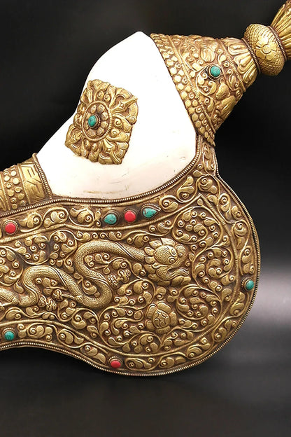 Tibetan Seashell with Dragon Engraved brass in Conch Shell Trumpet - Vajracrafts