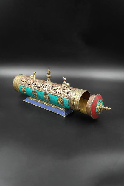 Tibetan Temple style antiqued metal Eight Auspicious Symbols Incense Burner - Vajracrafts
