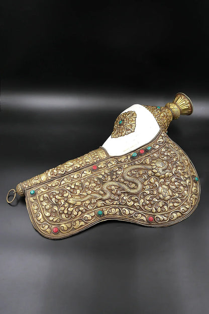 Tibetan Seashell with Dragon Engraved brass in Conch Shell Trumpet - Vajracrafts