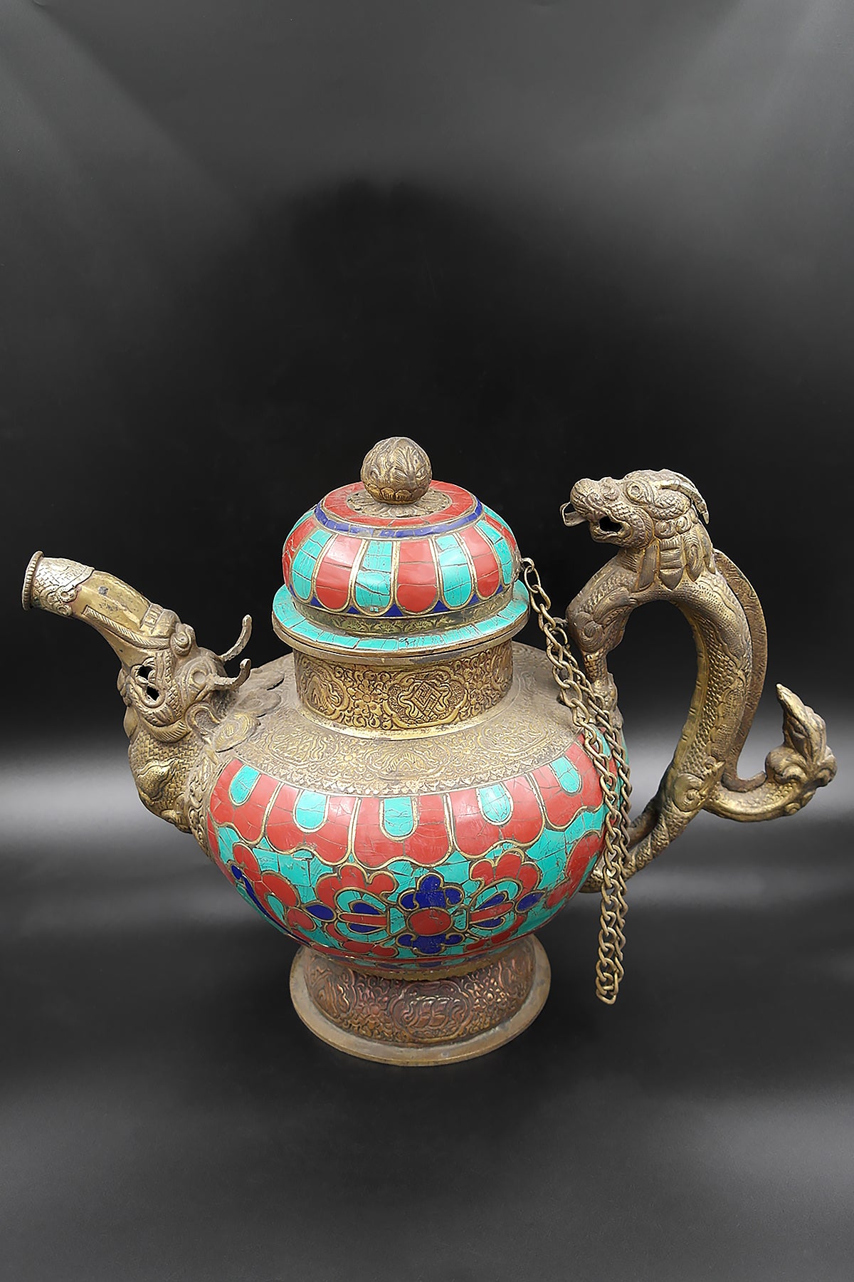 Ancient Tibetan Religious Teapot with Dragon handle Coral and Lapis Stone Art Deco