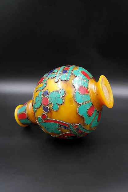 Old Tibet Buddhism turquoise inlay flame designs Amber Vase, offering of flowers - Vajracrafts