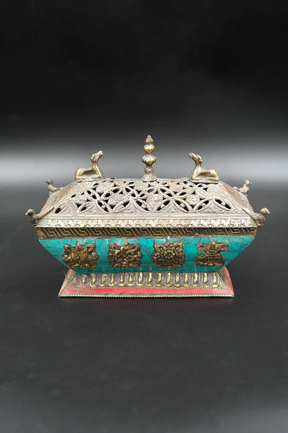 Turquoise Inlaid Tibetan Deer & Lucky 8-Signs Incense Burner - Vajracrafts